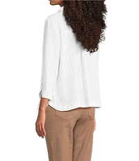 Ali Miles Petite Size Woven Dotted Stripe Wire Collar 3/4 Sleeve Button-Front Shirt