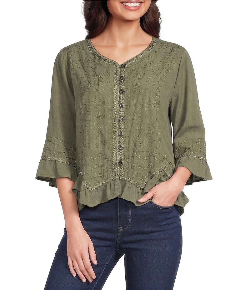 Ali Miles Petite Size Woven Embroidered Motif V-Neck 3/4 Sleeve Handkerchief Button Front Top