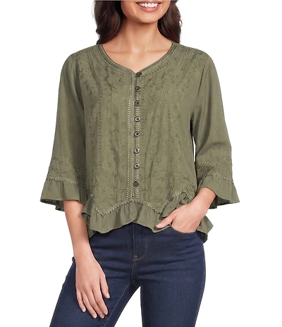 Ali Miles Petite Size Woven Embroidered Motif V-Neck 3/4 Sleeve Handkerchief Button Front Top