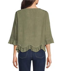 Ali Miles Petite Size Woven Embroidered Motif V-Neck 3/4 Sleeve Handkerchief Button Front Top