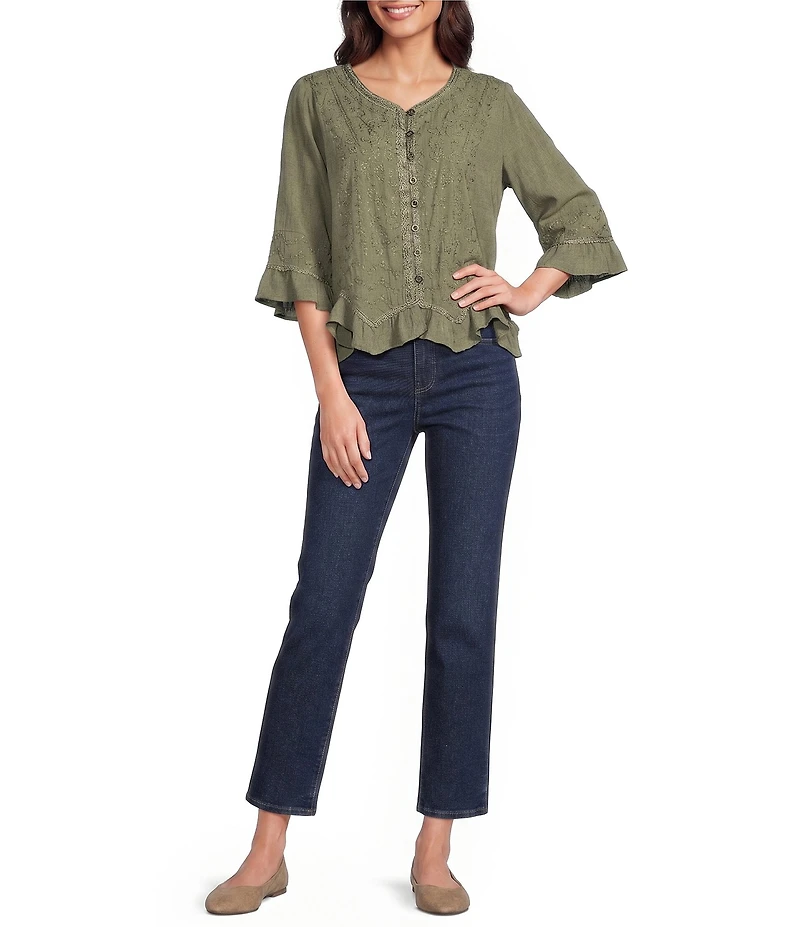 Ali Miles Petite Size Woven Embroidered Motif V-Neck 3/4 Sleeve Handkerchief Button Front Top