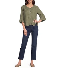 Ali Miles Petite Size Woven Embroidered Motif V-Neck 3/4 Sleeve Handkerchief Button Front Top