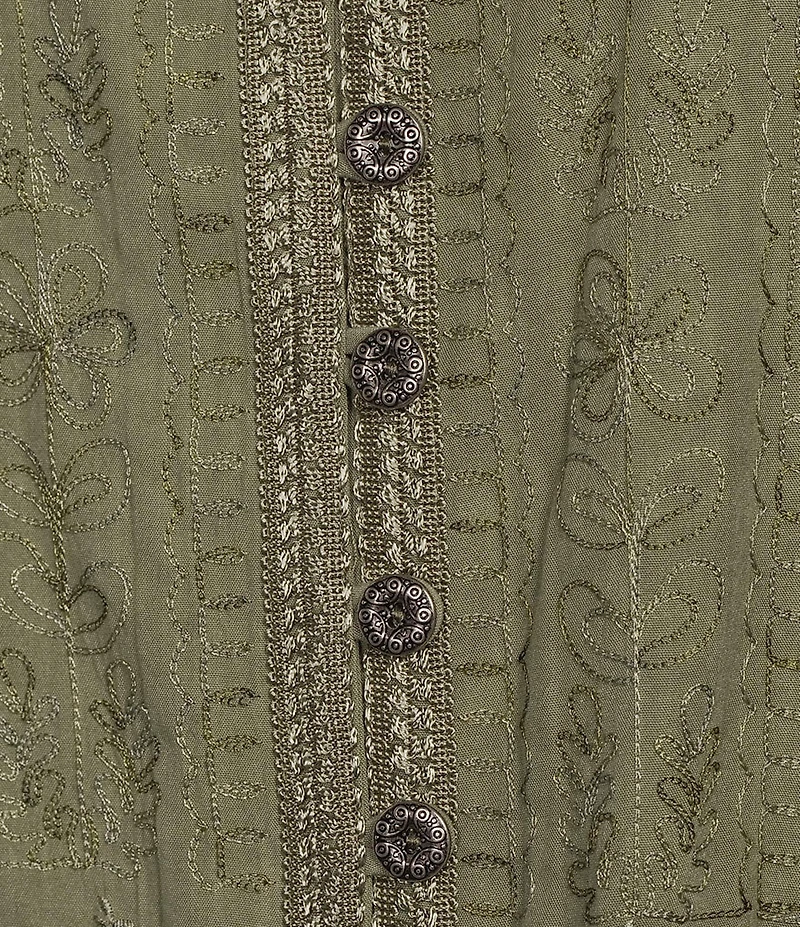 Ali Miles Petite Size Woven Embroidered Motif V-Neck 3/4 Sleeve Handkerchief Button Front Top