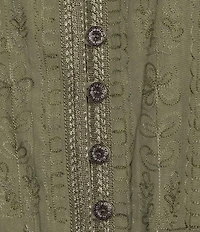 Ali Miles Petite Size Woven Embroidered Motif V-Neck 3/4 Sleeve Handkerchief Button Front Top