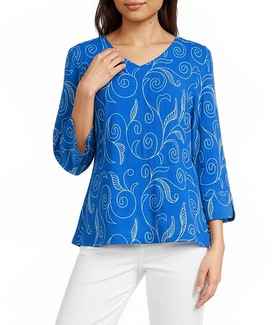 Ali Miles Petite Size Woven Embroidered Paisley Leaf V-Neck 3/4 Sleeve Top