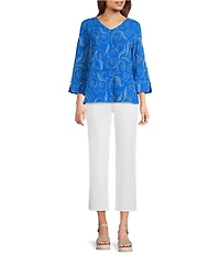 Ali Miles Petite Size Woven Embroidered Paisley Leaf V-Neck 3/4 Sleeve Top