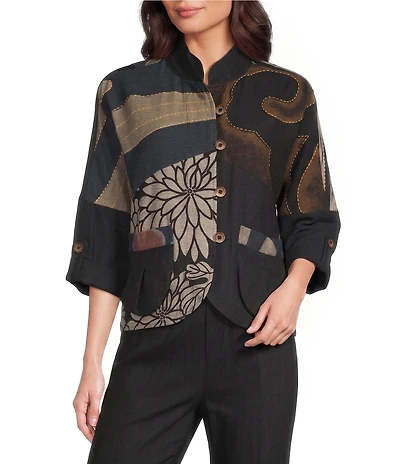 Ali Miles Petite Size Woven Embroidered Patch Stand Collar 3/4 Sleeve Tulip Hem Button Front Jacket