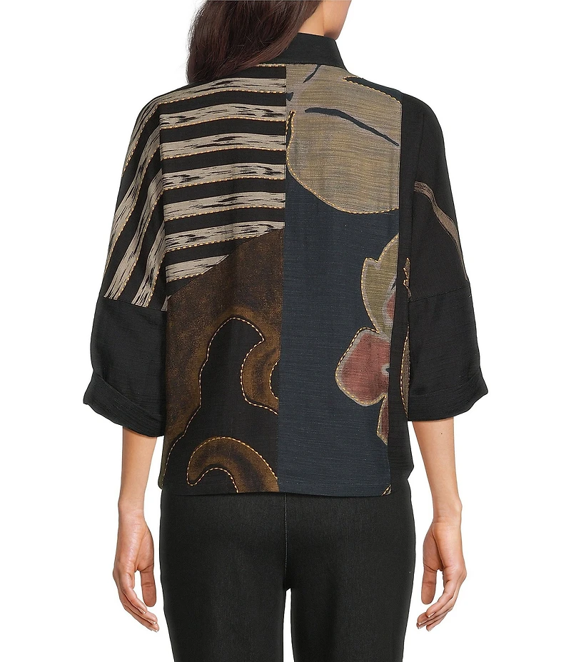 Ali Miles Petite Size Woven Embroidered Patch Stand Collar 3/4 Sleeve Tulip Hem Button Front Jacket