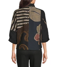 Ali Miles Petite Size Woven Embroidered Patch Stand Collar 3/4 Sleeve Tulip Hem Button Front Jacket