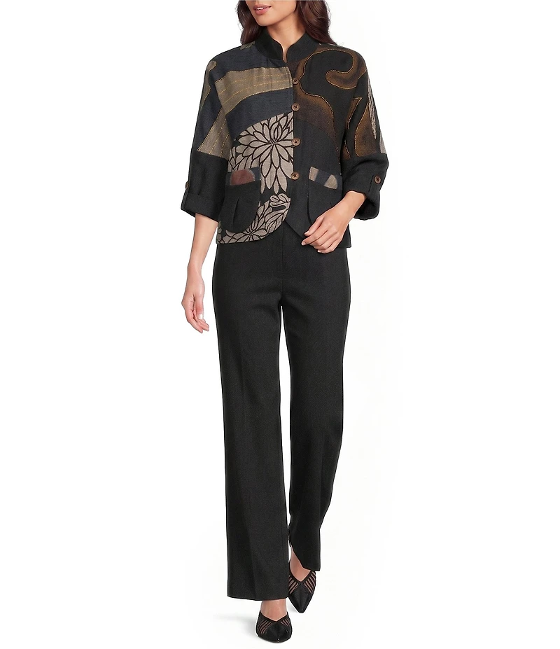 Ali Miles Petite Size Woven Embroidered Patch Stand Collar 3/4 Sleeve Tulip Hem Button Front Jacket