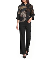 Ali Miles Petite Size Woven Embroidered Patch Stand Collar 3/4 Sleeve Tulip Hem Button Front Jacket