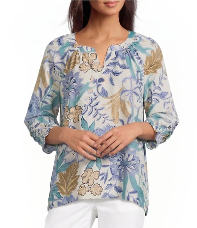 Ali Miles Petite Size Woven Floral Multi Split V-Neck 3/4 Tacked Sleeve High Low Top