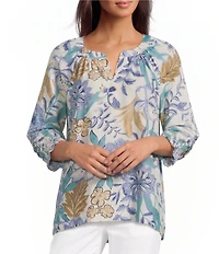 Ali Miles Petite Size Woven Floral Multi Split V-Neck 3/4 Tacked Sleeve High Low Top