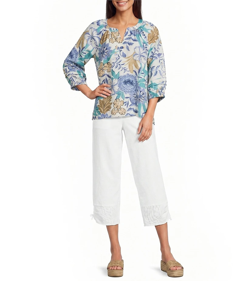 Ali Miles Petite Size Woven Floral Multi Split V-Neck 3/4 Tacked Sleeve High Low Top