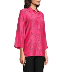 Ali Miles Petite Size Woven Geometric Print Point Collar 3/4 Sleeve Button Front Tunic