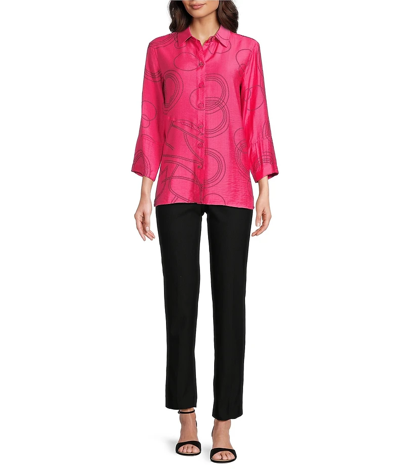 Ali Miles Petite Size Woven Geometric Print Point Collar 3/4 Sleeve Button Front Tunic