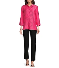 Ali Miles Petite Size Woven Geometric Print Point Collar 3/4 Sleeve Button Front Tunic