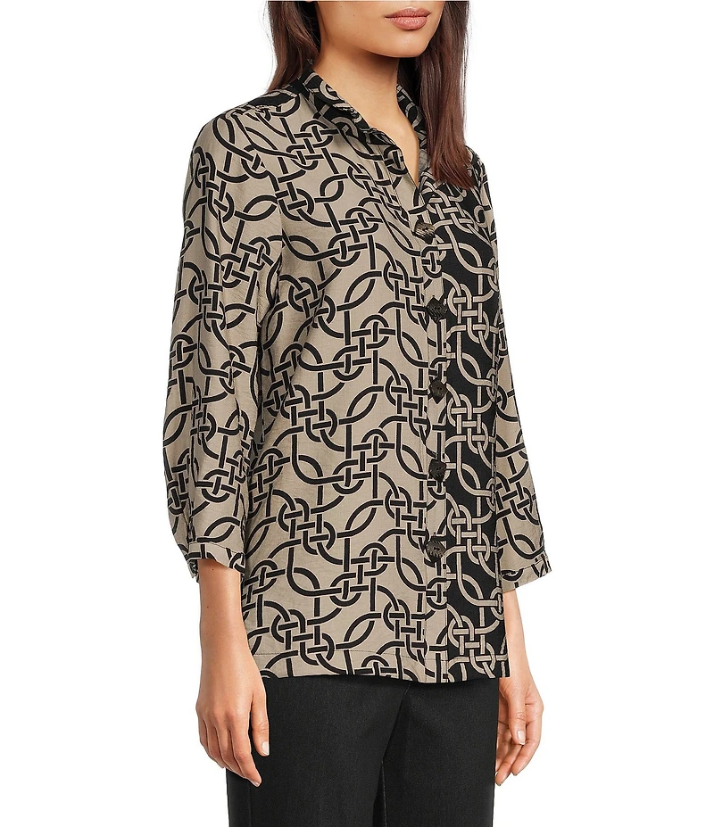 Ali Miles Petite Size Woven Geometric Wire Collar 3/4 Sleeve Button-Front Tunic