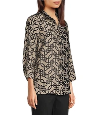 Ali Miles Petite Size Woven Geometric Wire Collar 3/4 Sleeve Button-Front Tunic