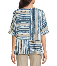 Ali Miles Petite Size Woven Linen Blend Abstract Stripe Round Neck Elbow Sleeve Sharkbite Hem Tunic