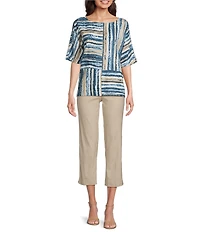 Ali Miles Petite Size Woven Linen Blend Abstract Stripe Round Neck Elbow Sleeve Sharkbite Hem Tunic
