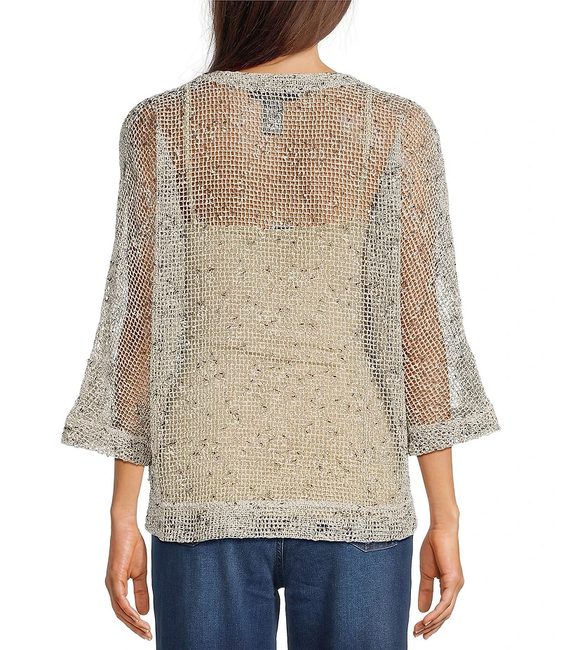 Ali Miles Petite Size Woven Mesh Speckled V-Neck Elbow Length Sleeve Button Front Jacket