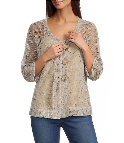 Ali Miles Petite Size Woven Mesh Speckled V-Neck Elbow Length Sleeve Button Front Jacket