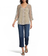 Ali Miles Petite Size Woven Mesh Speckled V-Neck Elbow Length Sleeve Button Front Jacket