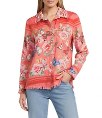 Ali Miles Petite Size Woven Multi Print Point Collar Long Sleeve Button-Front Tunic