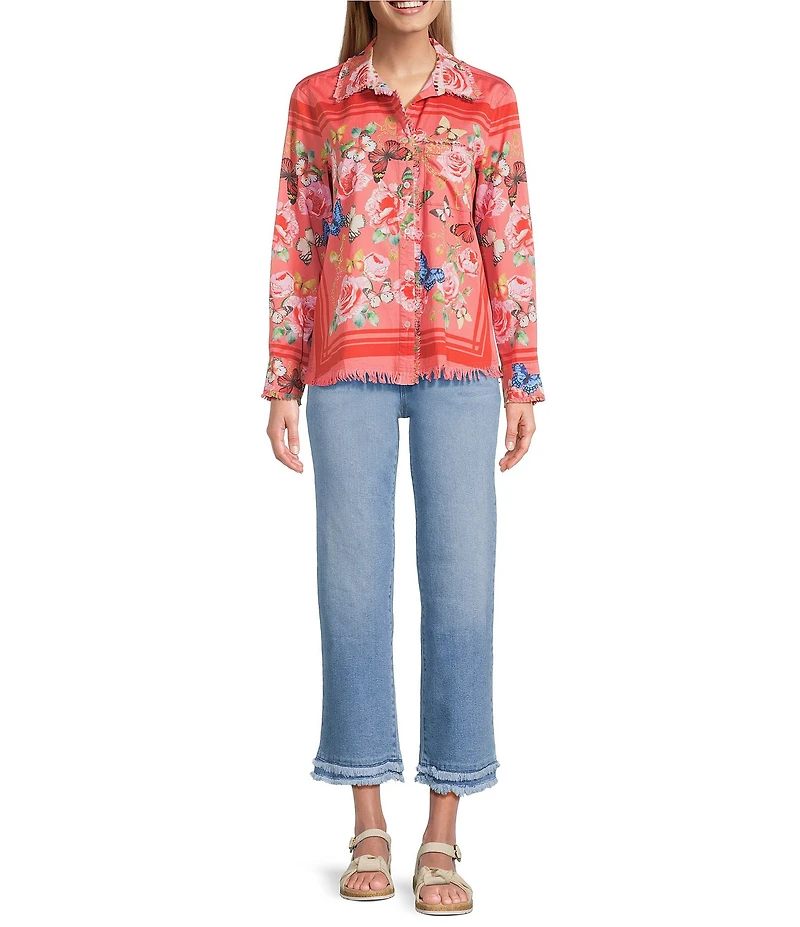 Ali Miles Petite Size Woven Multi Print Point Collar Long Sleeve Button-Front Tunic