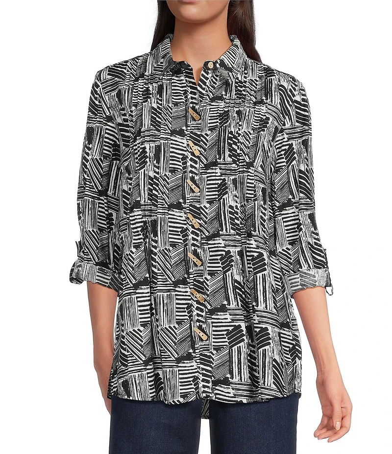 Ali Miles Petite Size Woven Printed Point Collar 3/4 Roll-Tab Sleeve Button Front Tunic