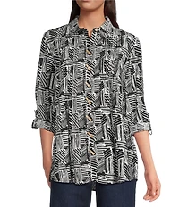 Ali Miles Petite Size Woven Printed Point Collar 3/4 Roll-Tab Sleeve Button Front Tunic