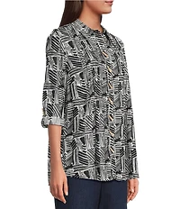 Ali Miles Petite Size Woven Printed Point Collar 3/4 Roll-Tab Sleeve Button Front Tunic