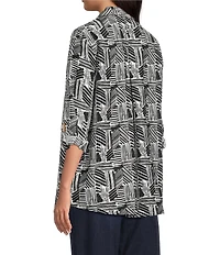 Ali Miles Petite Size Woven Printed Point Collar 3/4 Roll-Tab Sleeve Button Front Tunic