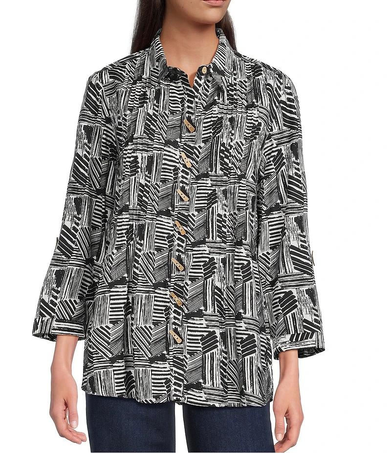 Ali Miles Petite Size Woven Printed Point Collar 3/4 Roll-Tab Sleeve Button Front Tunic