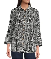 Ali Miles Petite Size Woven Printed Point Collar 3/4 Roll-Tab Sleeve Button Front Tunic