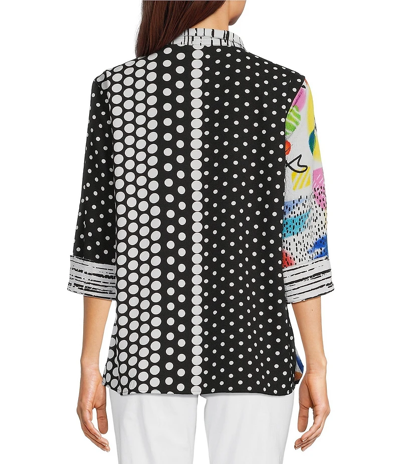 Ali Miles Petite Size Woven Abstract Print Wire Collar 3/4 Sleeve Button Front Tunic