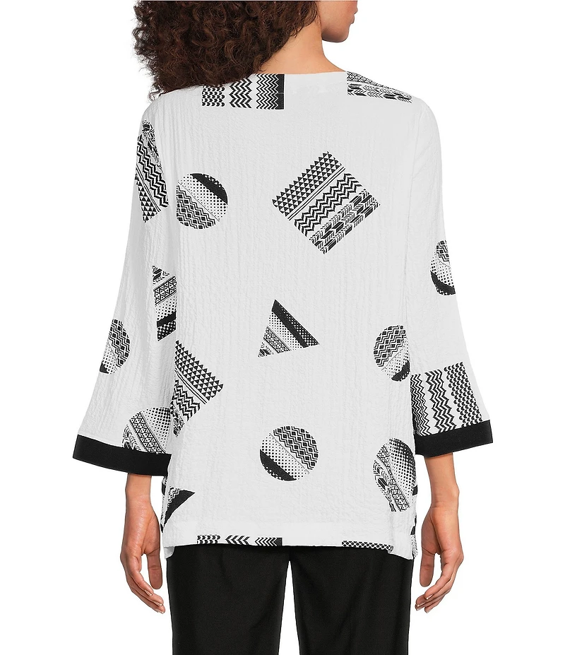 Ali Miles Petite Size Woven Pucker Printed Round Neck 3/4 Sleeve Hi-Low Hem Tunic