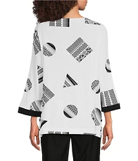 Ali Miles Petite Size Woven Pucker Printed Round Neck 3/4 Sleeve Hi-Low Hem Tunic