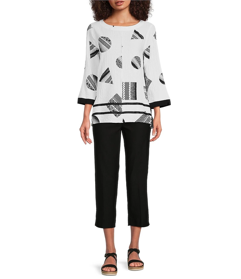 Ali Miles Petite Size Woven Pucker Printed Round Neck 3/4 Sleeve Hi-Low Hem Tunic