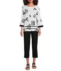 Ali Miles Petite Size Woven Pucker Printed Round Neck 3/4 Sleeve Hi-Low Hem Tunic