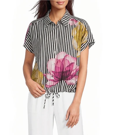 Ali Miles Petite Size Woven Stripe Floral Point Collar Short Dolman Sleeve Drawstring Hem Button-Front Shirt