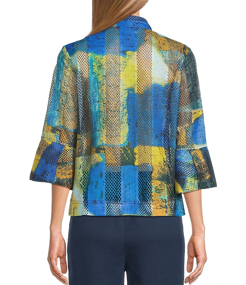 Ali Miles Petite Size Woven Textured Abstract Wire Collar 3/4 Bell Sleeve Button Front Jacket