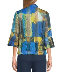 Ali Miles Petite Size Woven Textured Abstract Wire Collar 3/4 Bell Sleeve Button Front Jacket