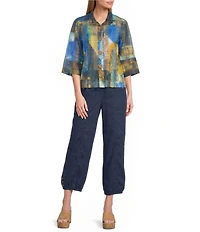 Ali Miles Petite Size Woven Textured Abstract Wire Collar 3/4 Bell Sleeve Button Front Jacket