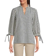Ali Miles Petite Size Woven Yarn-Dye Stripe Ruffle V-Neck 3/4 Tie Sleeve Blouse
