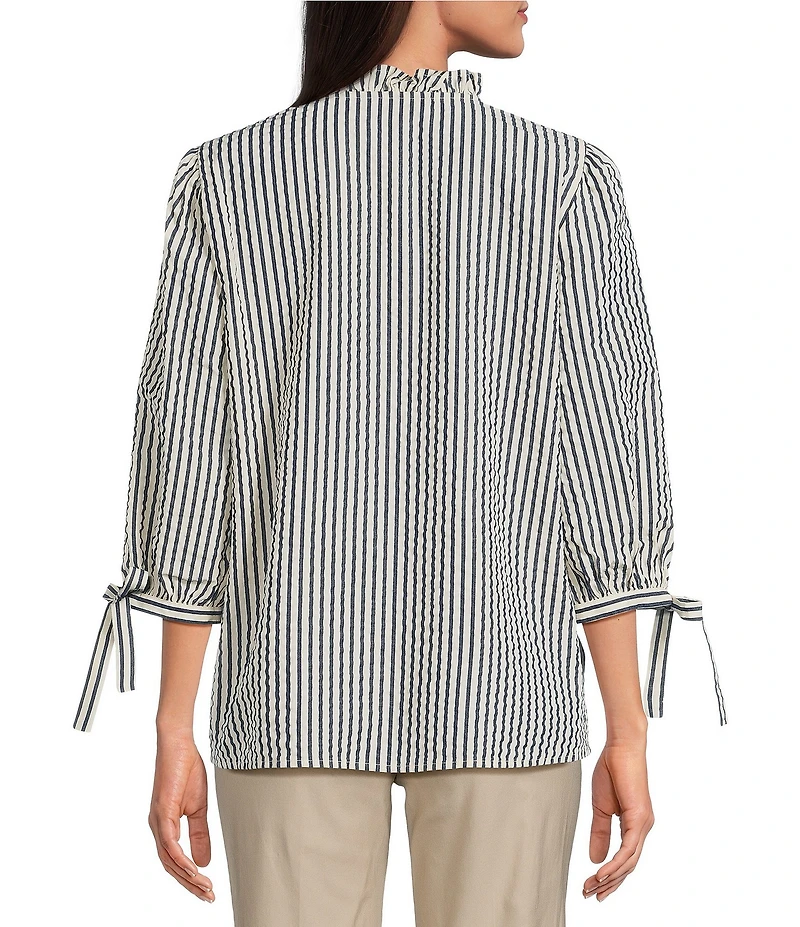Ali Miles Petite Size Woven Yarn-Dye Stripe Ruffle V-Neck 3/4 Tie Sleeve Blouse
