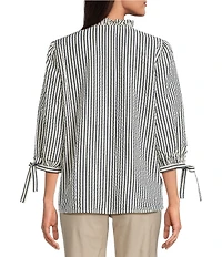 Ali Miles Petite Size Woven Yarn-Dye Stripe Ruffle V-Neck 3/4 Tie Sleeve Blouse