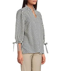 Ali Miles Petite Size Woven Yarn-Dye Stripe Ruffle V-Neck 3/4 Tie Sleeve Blouse