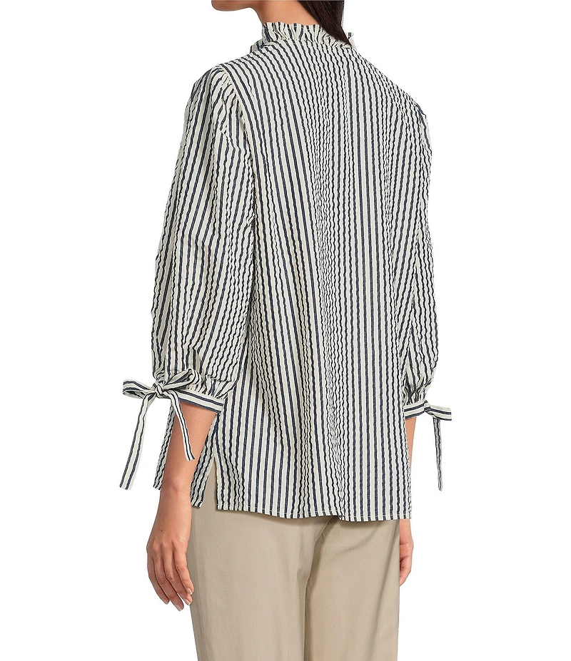 Ali Miles Petite Size Woven Yarn-Dye Stripe Ruffle V-Neck 3/4 Tie Sleeve Blouse